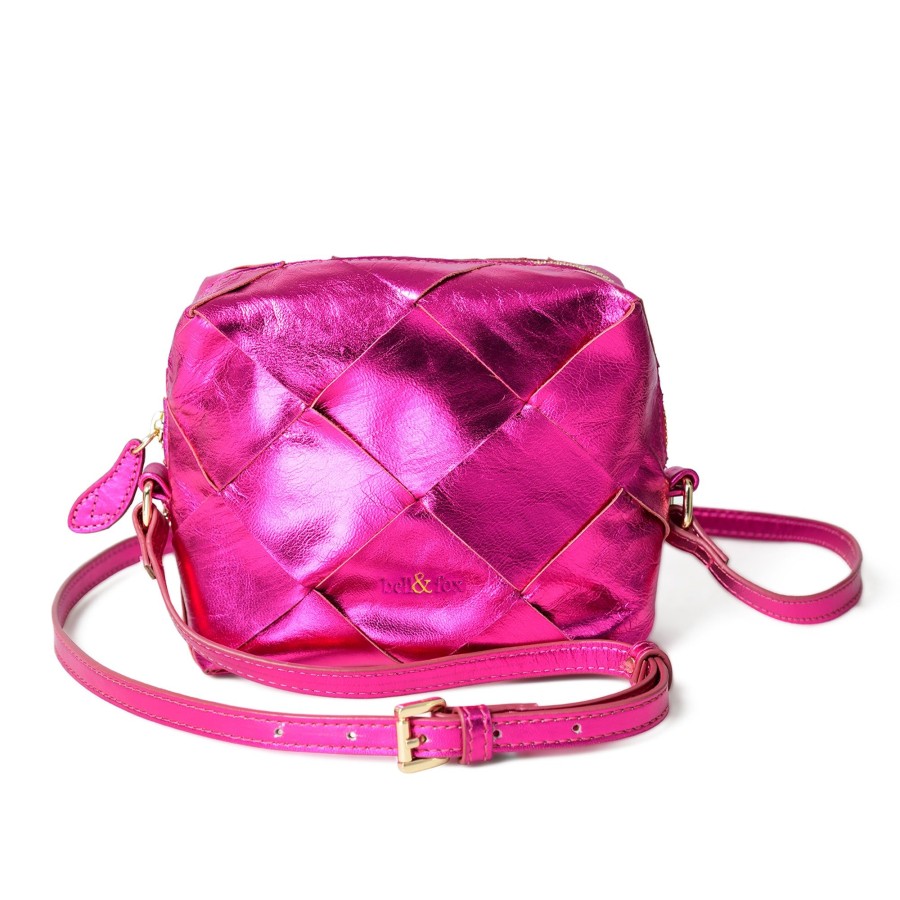 Handbags Bell & Fox | Asha Hand Woven Crossbody Bag In Fuchsia Metallic Leather