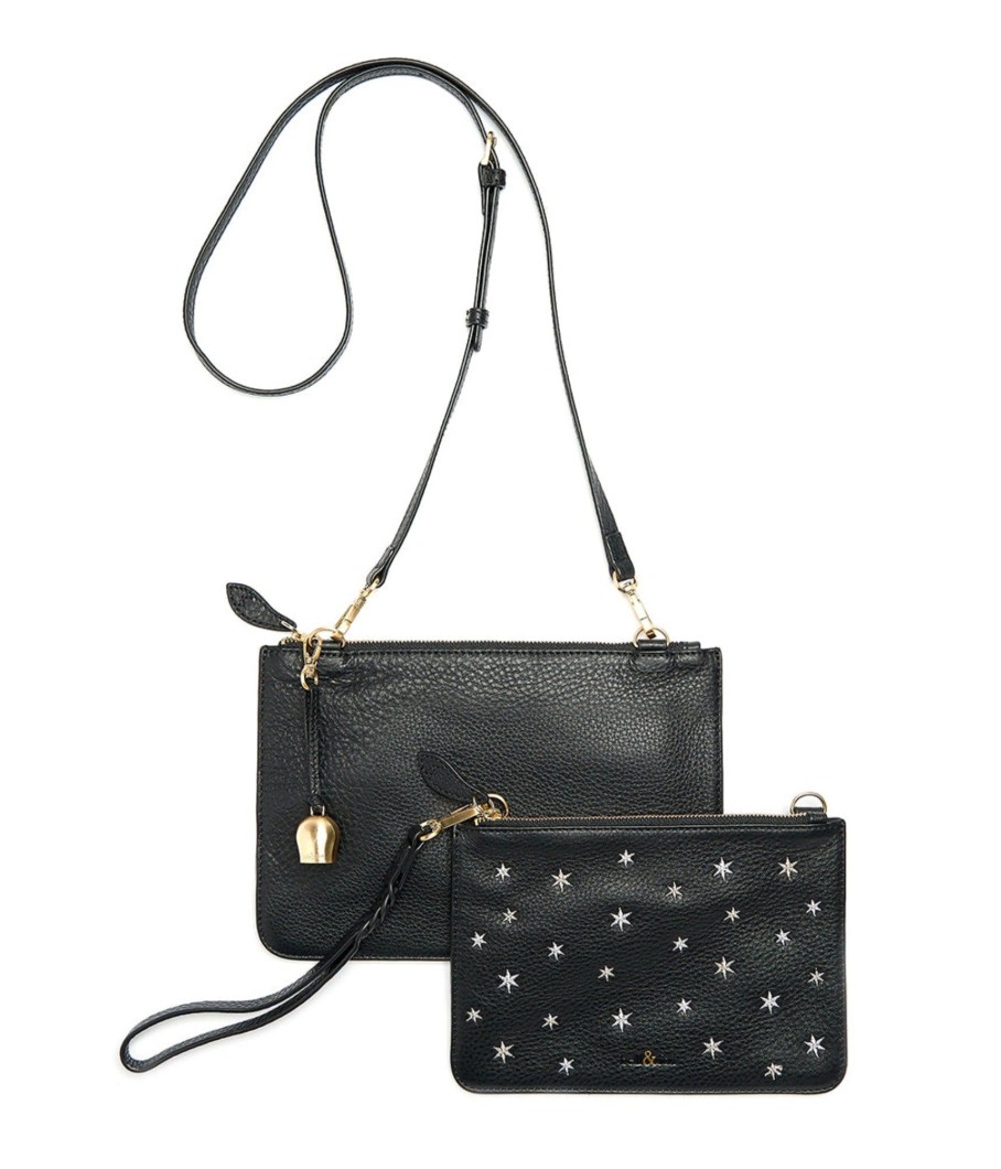 Handbags Bell & Fox | Kati Double Cross Body Bag - Black With Star Embroidery