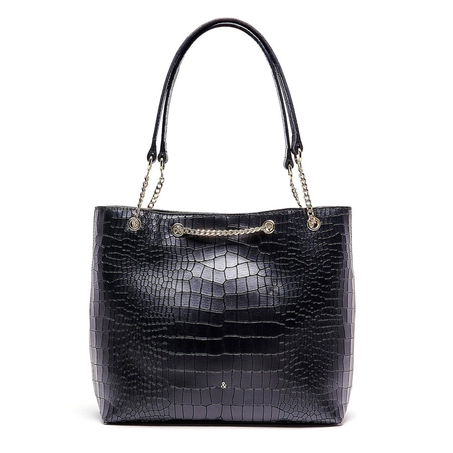 Handbags Bell & Fox | Enya Chain Detail Tote - Black Croc