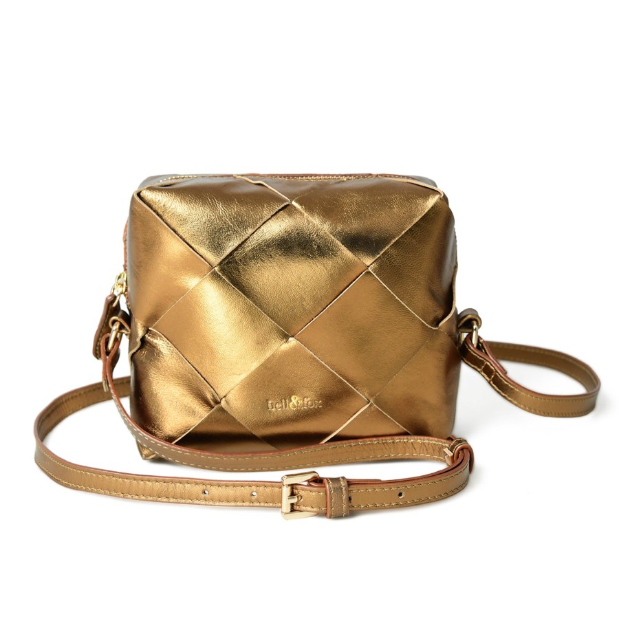 Handbags Bell & Fox | Asha Hand Woven Crossbody Bag In Bronze Metallic Leather