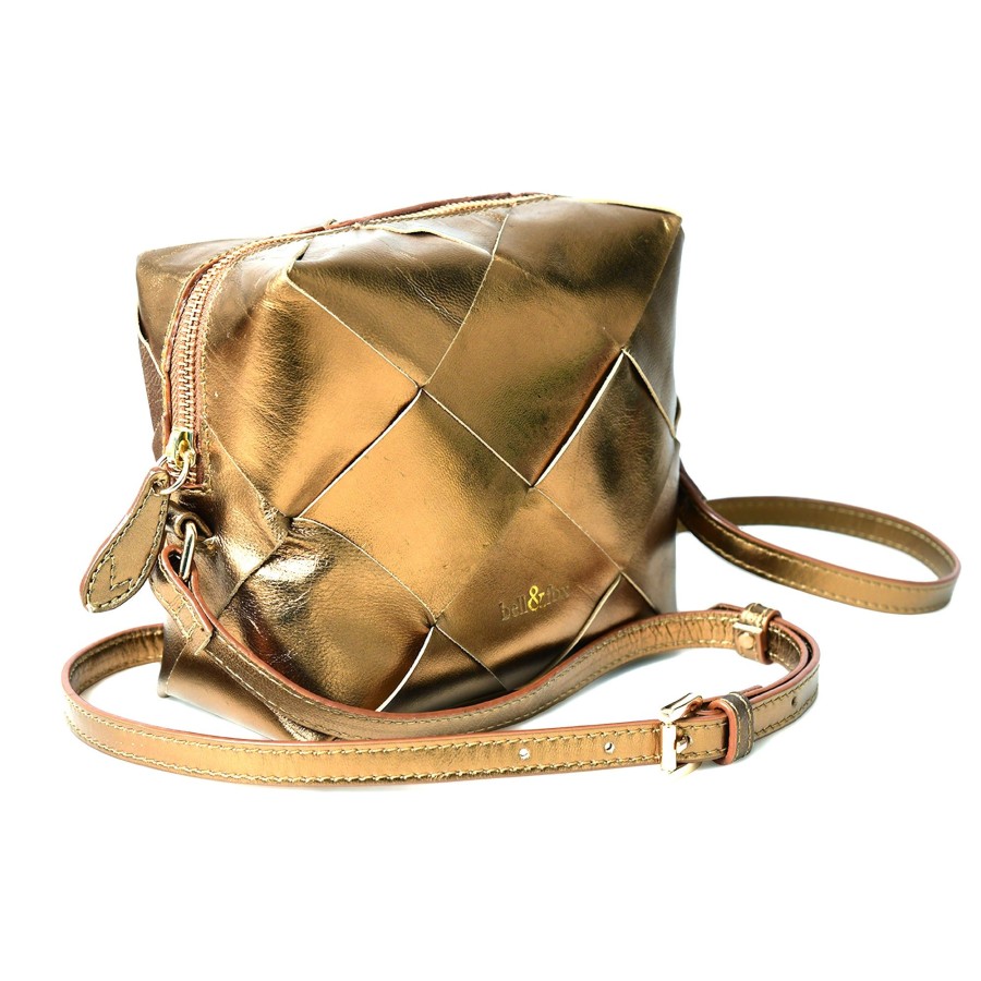 Handbags Bell & Fox | Asha Hand Woven Crossbody Bag In Bronze Metallic Leather