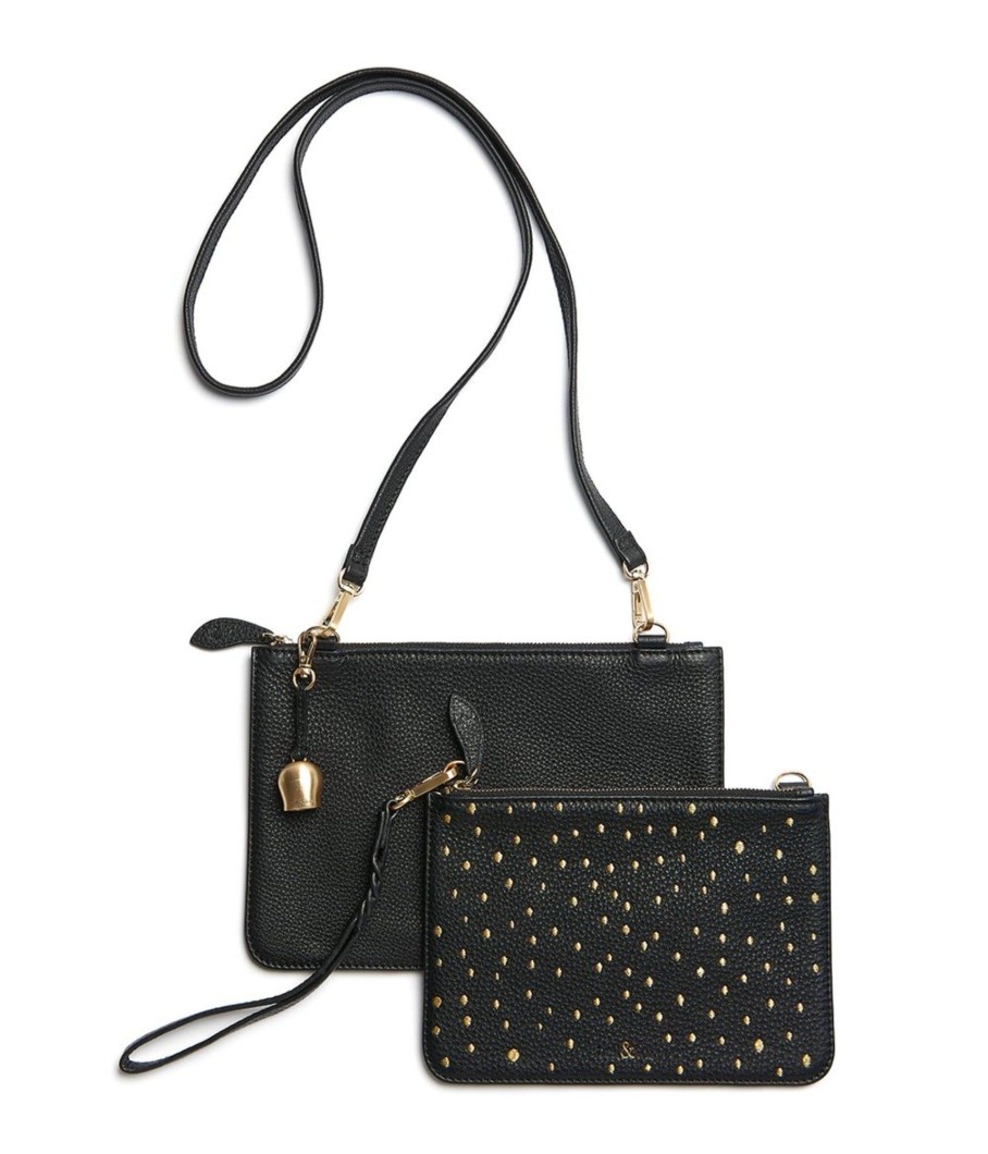 Handbags Bell & Fox | Kati Double Cross Body Bag - Black With Gold Dot Embroidery