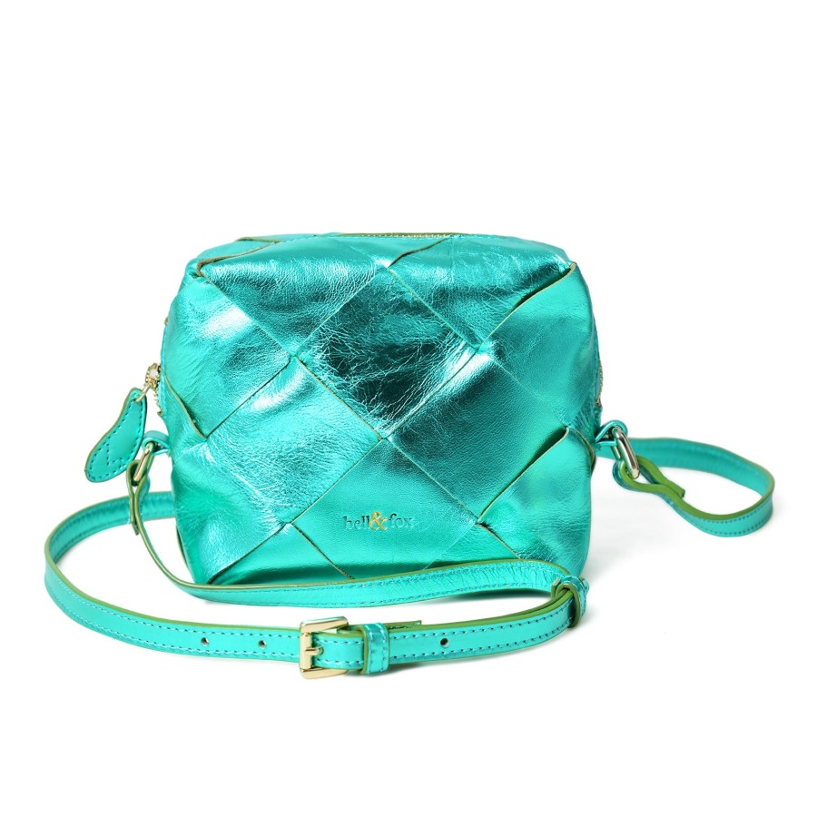 Handbags Bell & Fox | Asha Hand Woven Crossbody Bag In Emerald Metallic Leather