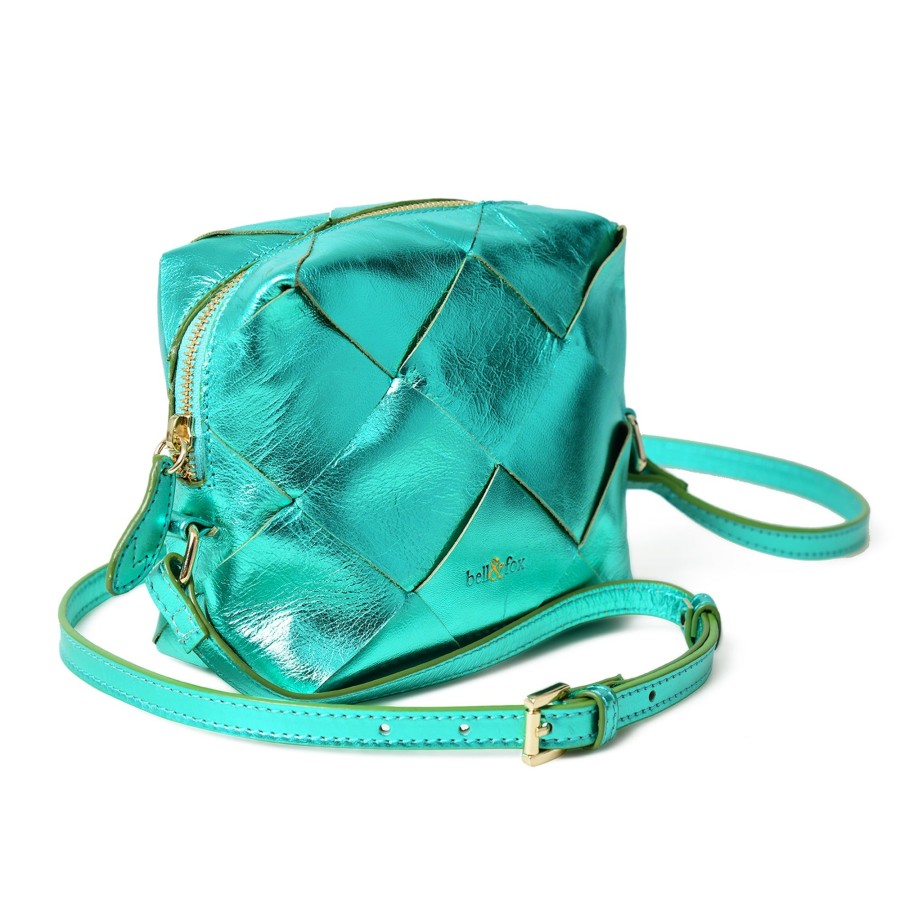 Handbags Bell & Fox | Asha Hand Woven Crossbody Bag In Emerald Metallic Leather